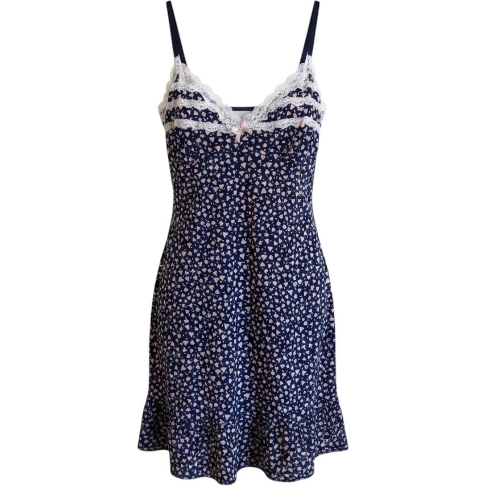 Marilyn Monroe Navy Blue Pink Heart Print Lace Trim Chemise Nightgown Womens M